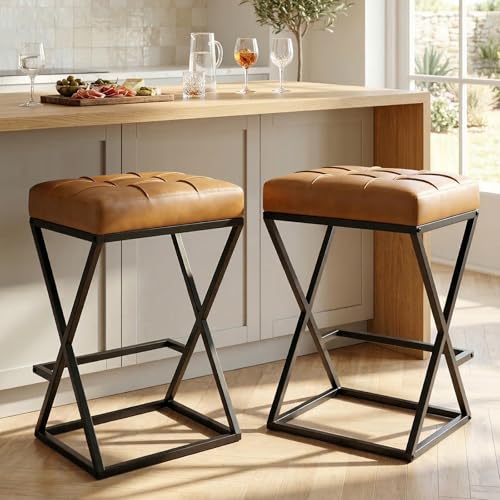 Image of Bar Stools Set of 2, 26 Inch Counter Height Stool Faux Leather Brown