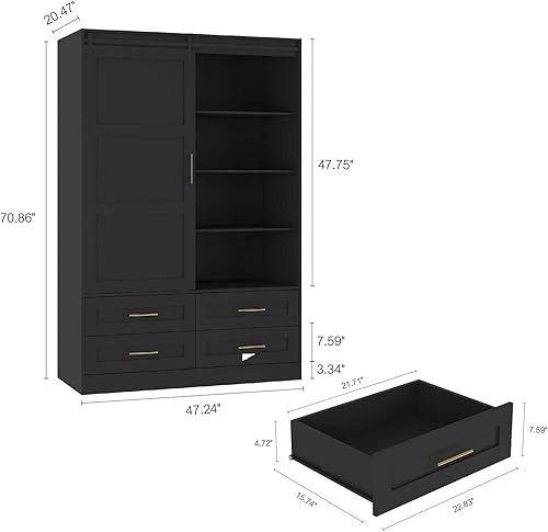 Miniatura 3 de Armario de clóset con puerta corrediza estilo granero, armario con 4 cajones de almacenamiento y barra para colgar, armario independiente de madera