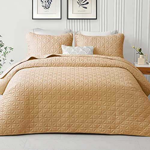 Exclusivo Mezcla King Size Quilt Sets, Lightweight Summer Camel Quilts Geometric Stitched Pattern With 2 Pillow Shams, Ultra Soft Quilted Bedspreads Bedding Coverlets For All Seasons #TOP4