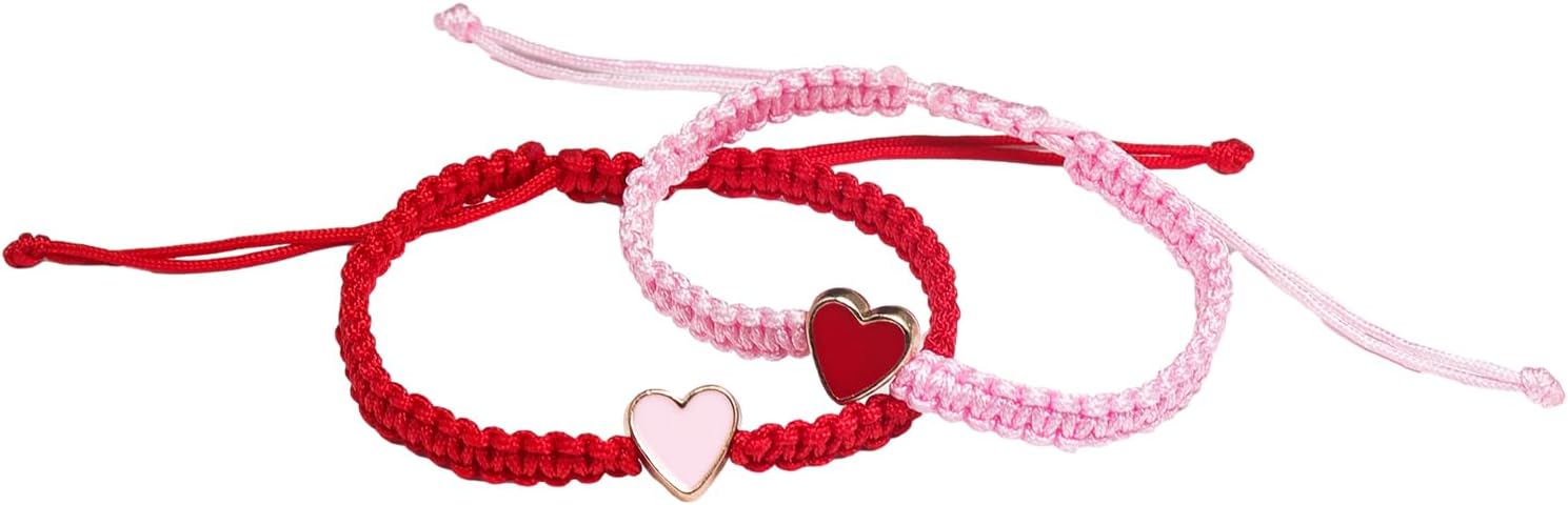 COLORFUL BLING2Pcs Set Love Heart Enamel String Rope Braided Adjustable Bracelets Wristbands Bracelet for Women Men Jewelry Couple Valentine’s Day Pink Long Distance BFF