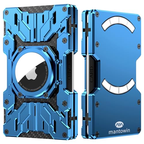 Minimalist Mens Wallet RFID Blocking - Slim Metal Wallet With Airtag Holder - Compact Credit Card Holder Mini Size, Metal, Carbon Fiber (Blue)