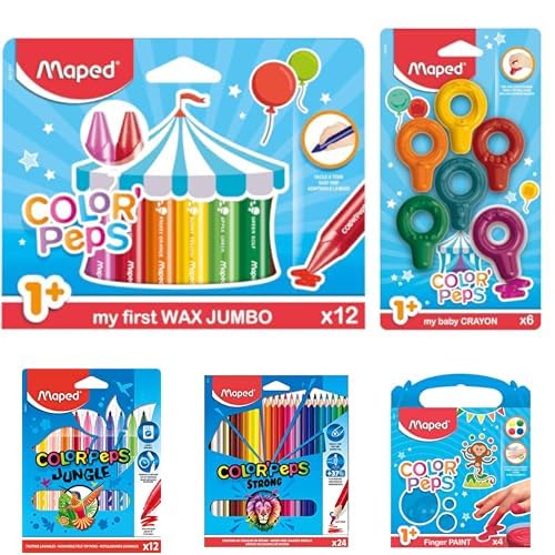 Maped Kit Ceras y Colorear Vuelta al Cole Ceras de Colores Wax Jumbo, Set de 12 Crayones Crayons Set de 6 Colores + Pintura a dedos Pack de 24 Pinturas de Colores + Set de 12 Rotuladores