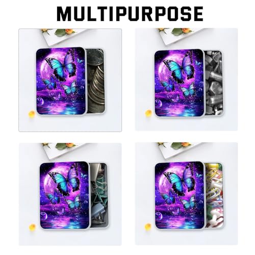 Image of Metal Tin Box with Lid for Game Cards Home Organizer Candles Keys Crafts Storage - Equipped with 4 Magnetic Cord Clips,Purple Moon Blue Butterfly