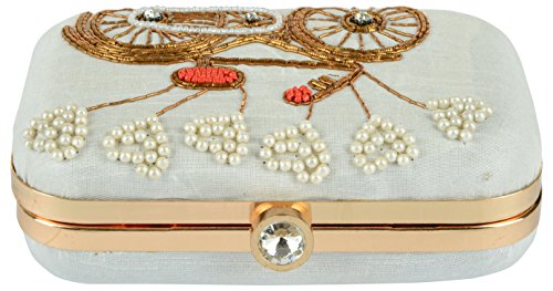 Image of TOOBA Handicraft Women's Embroidered Clutch Purse | Designer Handbag with Golden Floral & Pearl Work | Wedding, Cocktail, Party & Bridal Gift Bag for Women & Girls