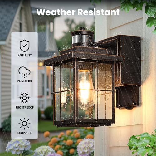 Image of Gleamz Motion Sensor Front Porch Light with Outlet, Oil Rubbed Bronze Outdoor Light with GFCI Outlet, Exterior Sconce Light with Adjust Sensitivity, Garage Lights Wall Lantern for Coach, Balcony, Home