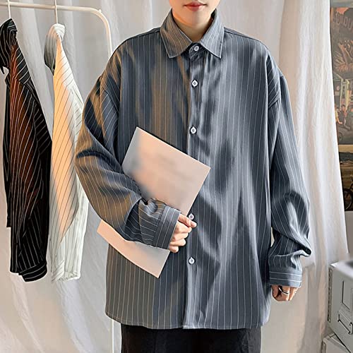 DGHM-JLMY Men's Handsome Long Sleeve Joker Striped Shirt Casual Loose Fit Button Down Classic Vertical Striped Shirt4
