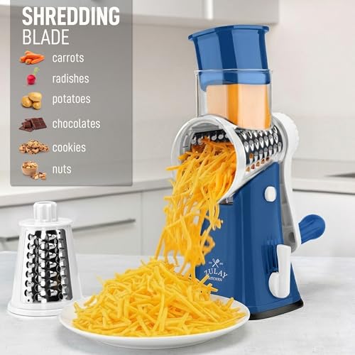 Image of Zulay Kitchen Rotary Cheese Grater 5 Blade Cheese Shredder - Manual Hand Crank Cheese Grater With Reinforced Suction & 5 Interchangeable Drums - Easy to Use, Vegetable Chopper Round Mandoline Slicer