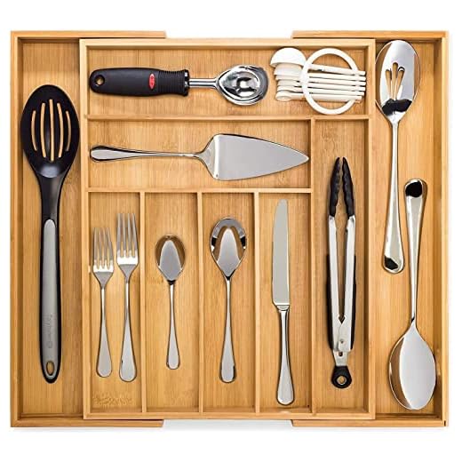 Bamboo Expandable Drawer Organizer, Premium Cutlery and Utensil Tray, 100% Pure Bamboo, Adjustable Kitchen Drawer Divider (7 Compartments Expandable)