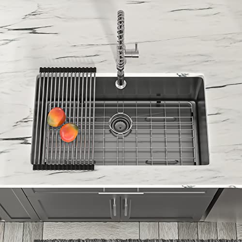 32 Black Undermount Kitchen Sink - Dcolora 32 Inch Kitchen Sink Dark Gray Nano-Pvd Gunmetal Matte Black Stainless Steel 16 Gauge Single Bowl Sink Basin With Round Corner X Grooves #TOP1