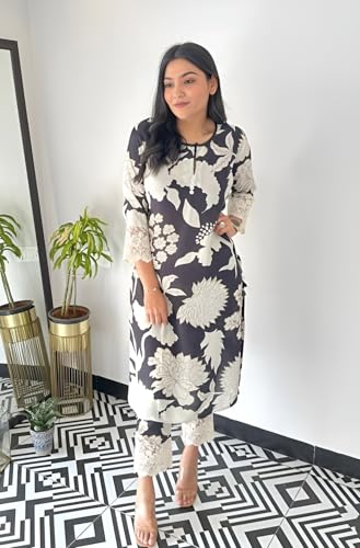 Image of LookMark Women's Cotton Blend Trendy Regular Fit Solid Printed Kurti with Stright Bottom |Kurti Set for Women