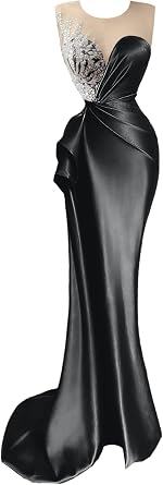 Womens V-Neck Formal Dress 2026 Mermaid Beading Prom Cocktail Dress with Train Split Elegant Long Satin Gowns Summer Black 16 DR0344