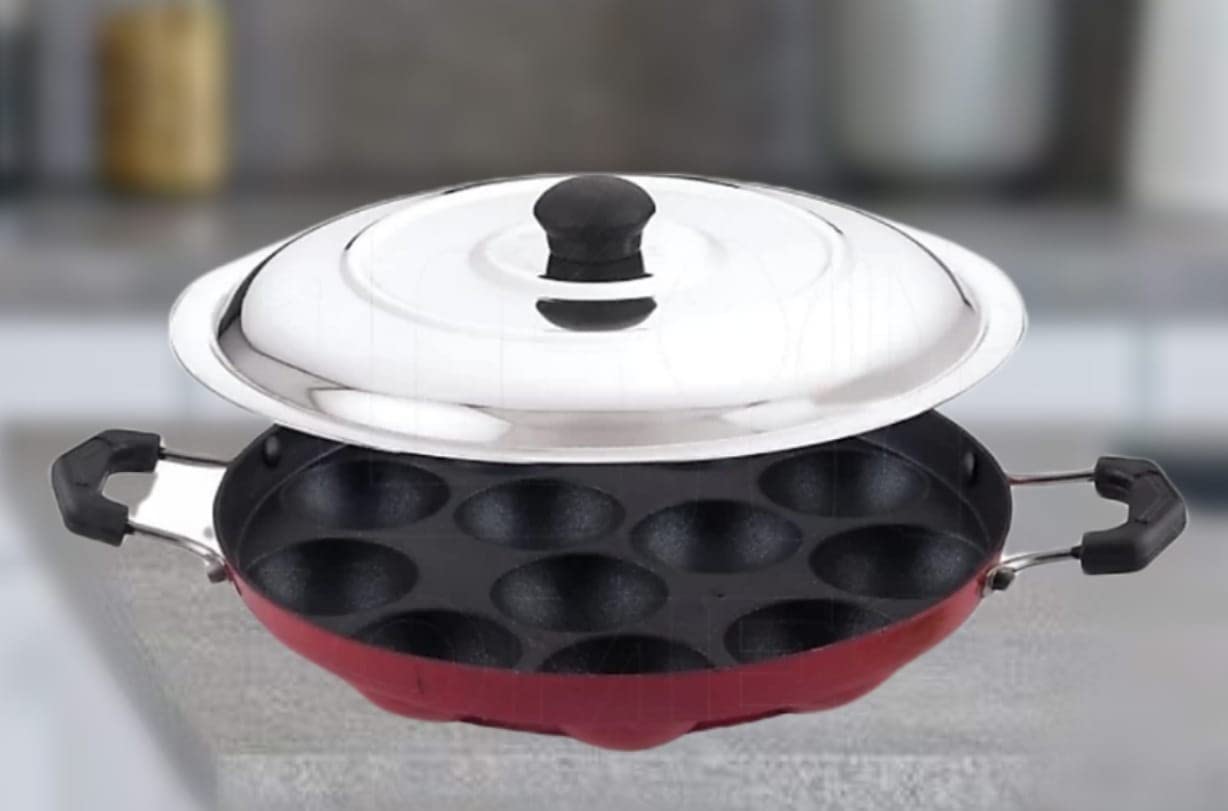 STEEPLE Appam Maker 12 Cavities Non Stick Appam Patra with Lid, Red (Paniyarrakal |Paniyaram |Appam Pan/Maker/Pan Cake Maker)