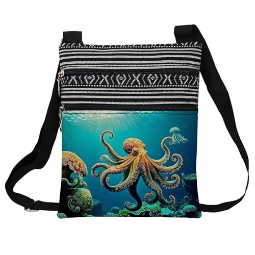 Undersea Octopus Messenger Bag Small Ethnic Pattern Printed Adjustable Strap Crossbody Zipper Pouch Undersea Octopus Phone Organizer Wallet Cute Shoulder Handbag for Women
