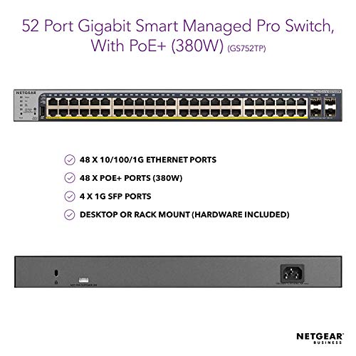 Image of NETGEAR 52-Port Gigabit Ethernet Smart Managed Pro PoE Switch (GS752TP) - with 48 x PoE+ @ 380W, 4 x 1G SFP, Desktop /Rackmount, and ProSAFE Lifetime Protection (Renewed)