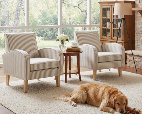 Image of Farmhouse Striped Accent Chair for Living Room Set of 1, Linen Fabric Modern Comfy Armchairs with Cushion, Upholstered Striped Reading Chairs for Bedroom Couch Chair with Wood Legs, Khaki