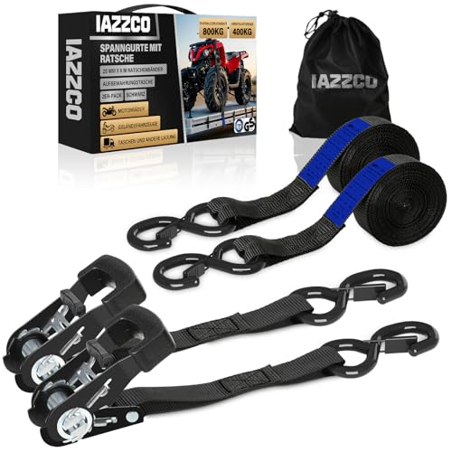 IAZZCO 2 Stück Spanngurte mit Ratsche - 6M x 25MM Spanngurt mit S Haken TÜV/GS Zertifiziert mit Ratschengurte mit Nockenschnalle für Motorräder, Auto, Anhänger, Haushalt (Schwarz)