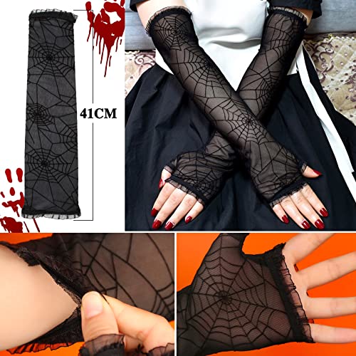 BOFUNX 10 Stücke Halloween Spinnennetz Kostüm Set, Spinnennetz Netzstrumpfhose Stirnband Halskette Spitzenhandschuhe Spinnen Temporäre Tattoos für Halloween Masquerade Makeup