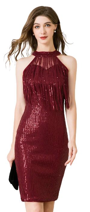 Image of Women Flapper Dresses 1920s V Neck Beaded Fringed Great Gatsby Club & Night Out Dresses