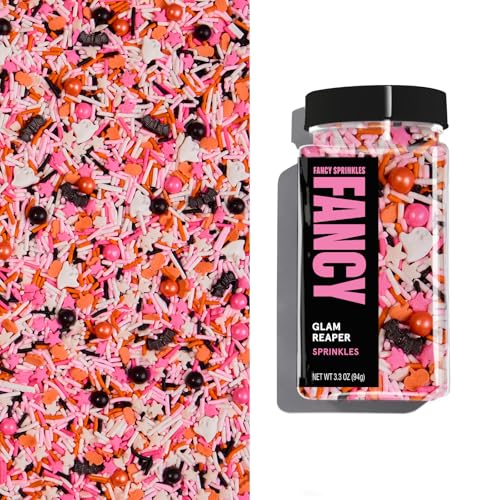 Image of Fancy Sprinkles Glam Reaper Sprinkles | Pink, Orange, Black & White Jimmies | Bat & Pumpkin Shaped Candy | Halloween Cake, Cupcake & Cookie Decorating | 1 Pack (0.5c)