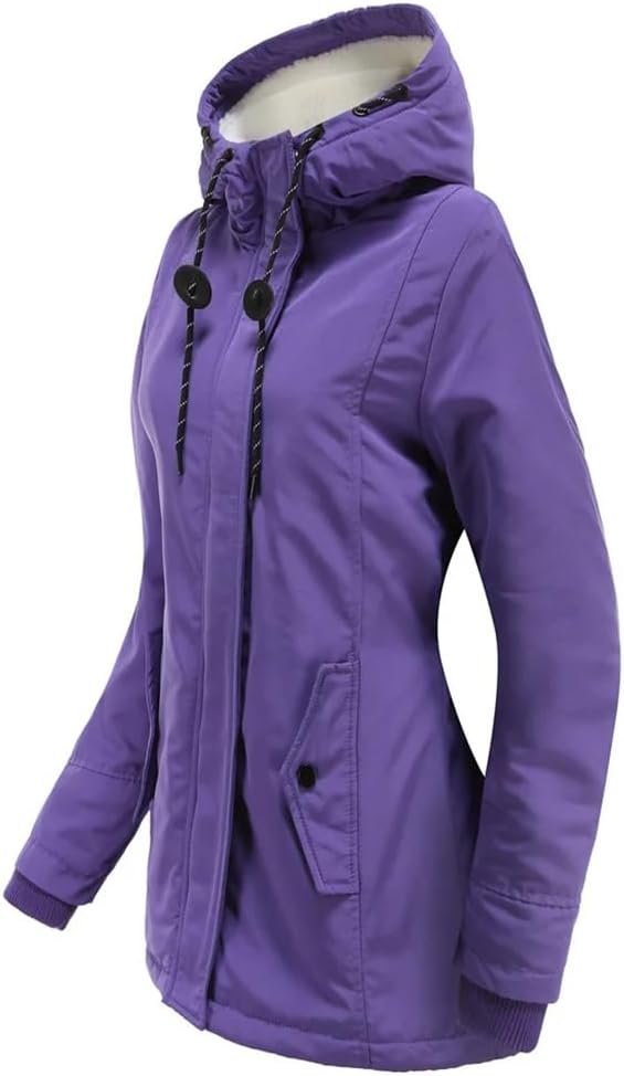 Womens Knee Length Parka Jacket Fleece Warm Long Coat Fur Collar Thickened Pocket Cotton Outerwear