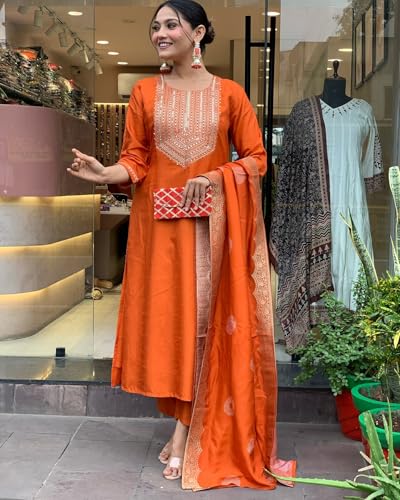 Image of Shiv Textiles Women's Chanderi Silk Embroidered Kurta Pant Dupatta Set(JDA-KRITVA-ORANGE-2XL)