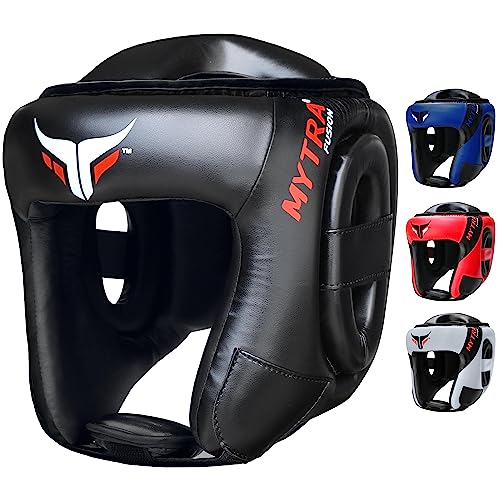 Mytra Fusion Boxing Headgear MMA Headgear Martial Arts Sparring Gear Headgear for Kickboxing, Muay Thai and Karate Training (Black, S/M)
