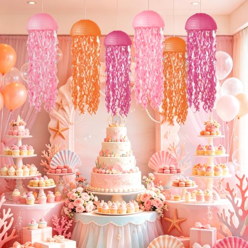 Image of Jellyfish Paper Lanterns 6 Pcs Hanging Ocean Sea Party Decor | Jelly Fish Paper Lanterns for Mermaid Under The Sea, Ocean, Baby Shower and Spongebob Birthday Party Decorations