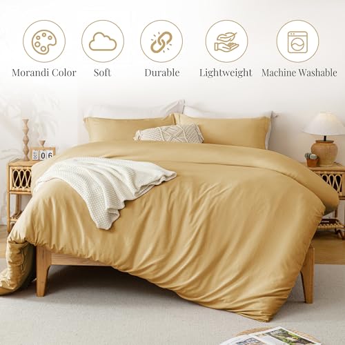 Image of MILDLY Duvet Cover King Ultra Soft Comforter Cover Set 3pcs, Yellow | Washed Microfiber Cotton-Like, Breathable Comfort, Hidden Zipper, Corner Ties, OEKO-TEX Certified, Fade Resistant