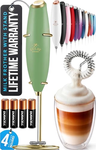 Image of Zulay Kitchen Powerful Milk Frother Wand With Duracell Batteries - Ultra Fast Handheld Drink Mixer - Electric Whisk Foam Maker for Coffee, Lattes, Cappuccino & Matcha - Z1 Motor - Forest Gold
