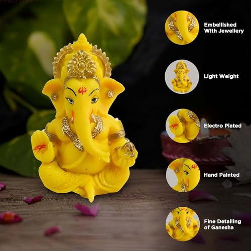 Image of 3.5 Inch Ganesha Idol Car Dashboard Idol Ganesha Murti Ganpati Idol for Home Decor Lord Ganesh Statue Gift for Office Desk Puja Room Figurine Decoration (Yellow)