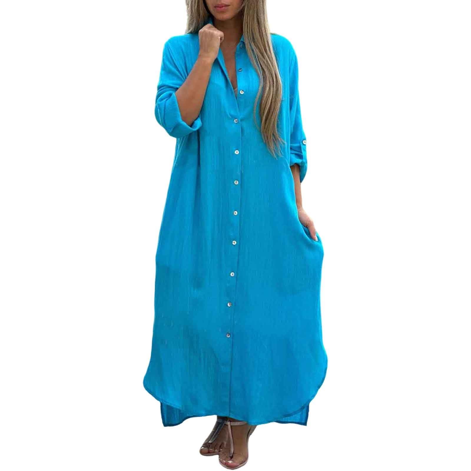 Duohropke Vestido maxi de verano para mujer, vestido camisero de lino, informal, holgado, vestido de fiesta, monocolor, con botones, manga larga, vestido de camiseta, tallas grandes, vestidos de
