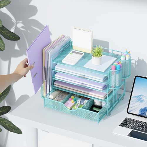 Image of gianotter 5-Tier Desk Organizer with Drawers and File Holders | Letter Trays and Pen Holders - Workspace Accessories for Office Supplies (Blue)
