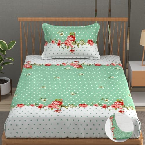 Image of Premium Heavy Cotton Elastic Fitted Bedsheets with 1 King Size Pillow Covers | Single Bed with All Around Elastic 350 TC | 36 x 78 x 6 Inch Single Size Fitted | - Green Dot