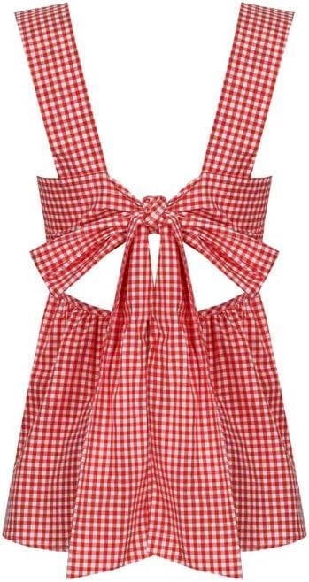 Gingham Peplum Tank Top for Women Y2K Sleeveless Square Neck Babydoll Tops Bow Tie Back Vest Shirt Summer - Image 6