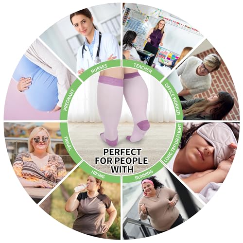 Image of UISLII Plus Size Compression Socks Wide Calf Women Men,5 Pairs 20-30mmHg Extra Width Calf Viscose Knee High Compression Socks for Circulation Support
