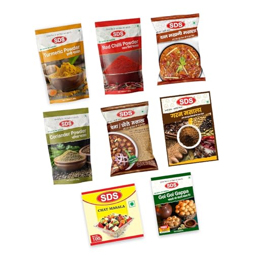 Image of SDS 8-Piece Indian Spice Combo | Haldi, Lal Mirch, Kasuri Methi, Chana, Dal, Chaat, Garam & Golgappa Mix | Essential Masala Pack