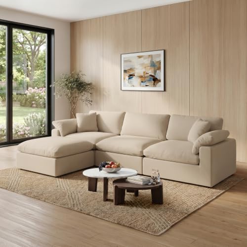 Image of Modular Sectional Sofa Cloud Couch,Down Filled Comfy Cloud Modern Sofa,Khaki Linen L Shape Oversized Couch Cushion Covers Removable Furniture for Living Room