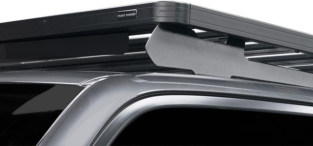 Close-up of Front Runner Slimline II roof rack corner showing brand logo