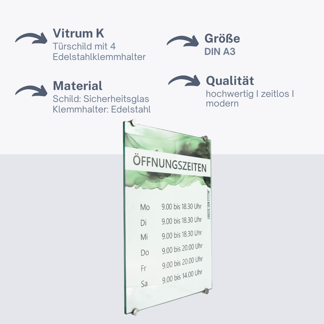 I Türschild Glas,Vitrum K4, Klemmhalter (DIN A3 Sicherheitsglas)