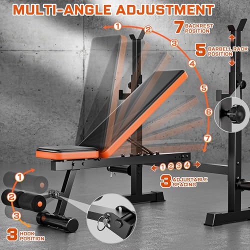 Image of 9-in-1 Adjustable Olympic Weight Bench with Lat Pulldown, Row, Squat Rack & Leg Curl - Multi-Function Strength Training Bench Press for Home Gym Full Body Workout