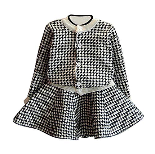 C&M Wodro Girls Dress, Autumn Winter Toddler Kids Plaid Knitted Sweater Dress Set Baby Girls Coat Tops+Skirt Set (Black, Size 15 (6-7 Years))