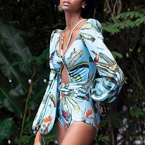 Miminuo Traje De Baño Niñas,Traje de baño con Cuello en v de una Pieza 2020 Traje de baño Estampado para Mujer Body Ahuecado Monokini Traje de baño de Manga Larga Tallas Grandes-C_Metro