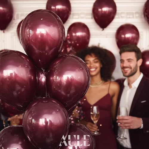 Image of AULE 50Pcs Metallic 12 Inch Burgundy Maroon Latex Balloons | Maroon Shiny Balloon Helium Thicken Party Decoration for Wedding Birthday Graduation Carnival