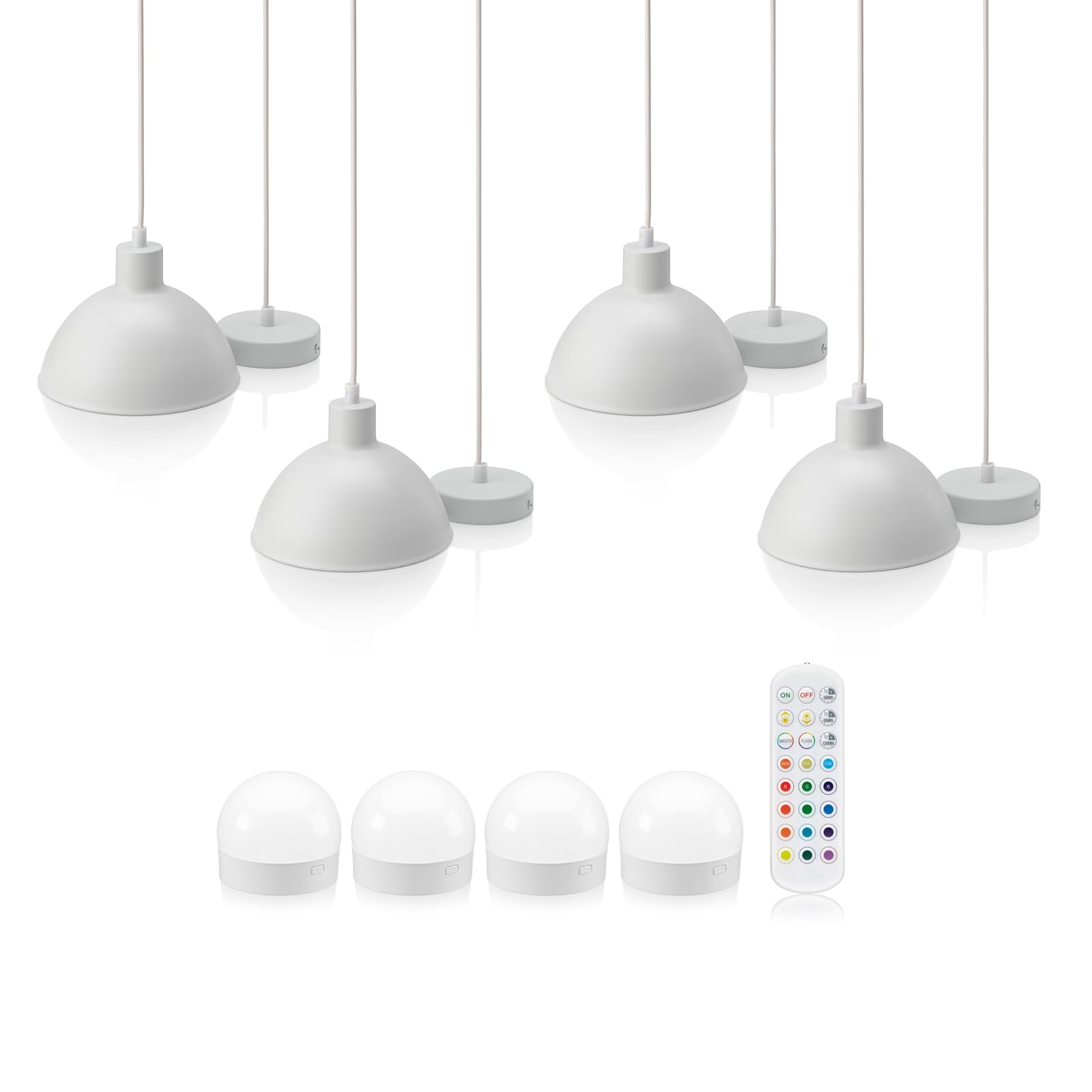 Auraglow Rechargeable Wireless Pendant Light with Remote – Cordless, Battery-Powered, Dimmable, Colour-Changing (White, 4 Lamps, 4 Light Sources, 1 Remote)