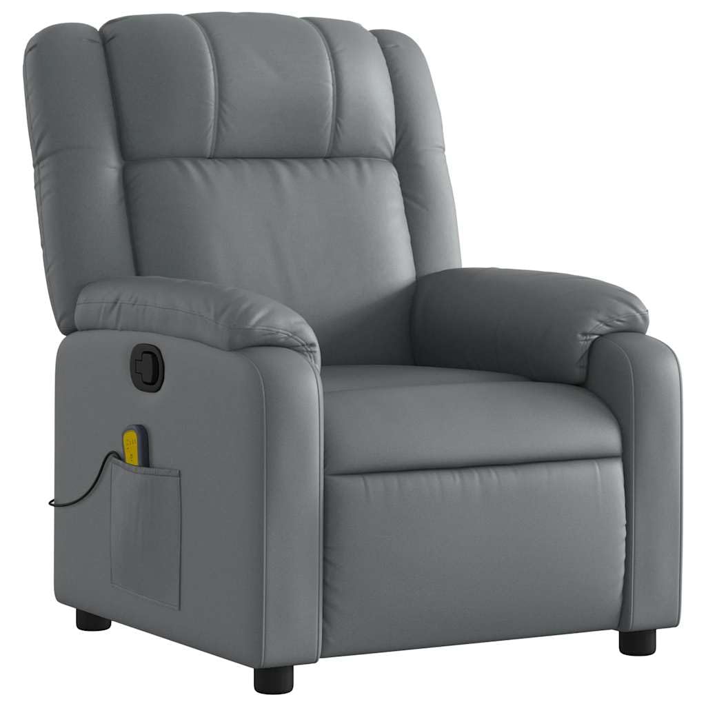 Sillón de masaje de relax de piel sintética gris con masaje de vibración de 6 puntos, función reclinable manual hasta 135 grados, reposabrazos anchos, bolsillo lateral, marco de madera y