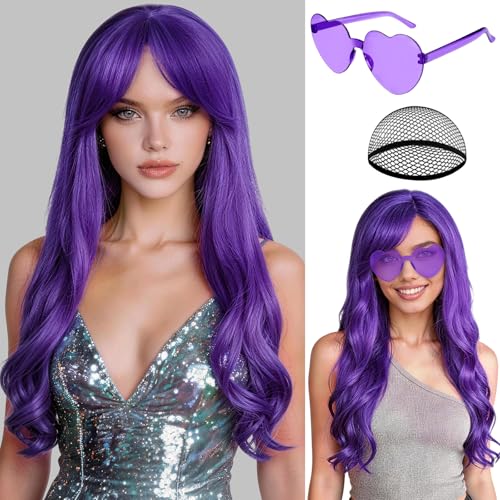 PLULON Dark Purple Long Curly Wigs with Heart Sunglasses for Women Colored Curly Wavy Wig 28 Inch Synthetic Hair with Hair Cap for Neon Party Mardi Gras Costume Cosplay Bachelorette Club Stage
