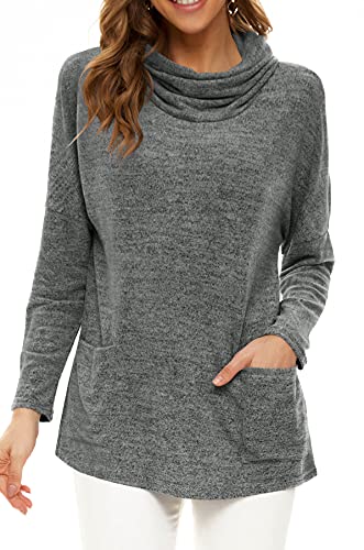 Neineiwu Womens Casual Sweatshirts Long Sleeve Cowl Neck Shirts With Pocket Tunic Tops (X-Large Dark Grey)