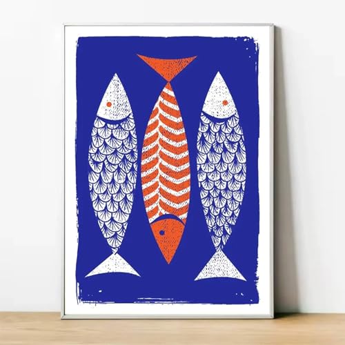 Peinture sur toile trois poissons TONGYINLI indigo déco murale côtière 50x75 cm