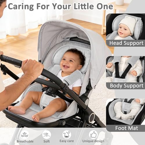 Image of Infant Car Seat Insert Head and Body Support Thickened, GFU 3-in-1Reversible Newborn Insert for Carseat with Strap Pads, Soft Stroller Cushion Pillow Insert for Boys and Girls, Grey