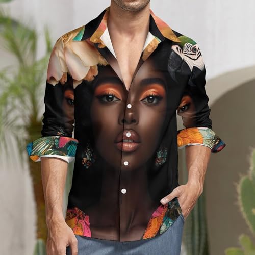 African USA Woman Mens Long Sleeve Shirt Casual Button Down Dress Shirts2